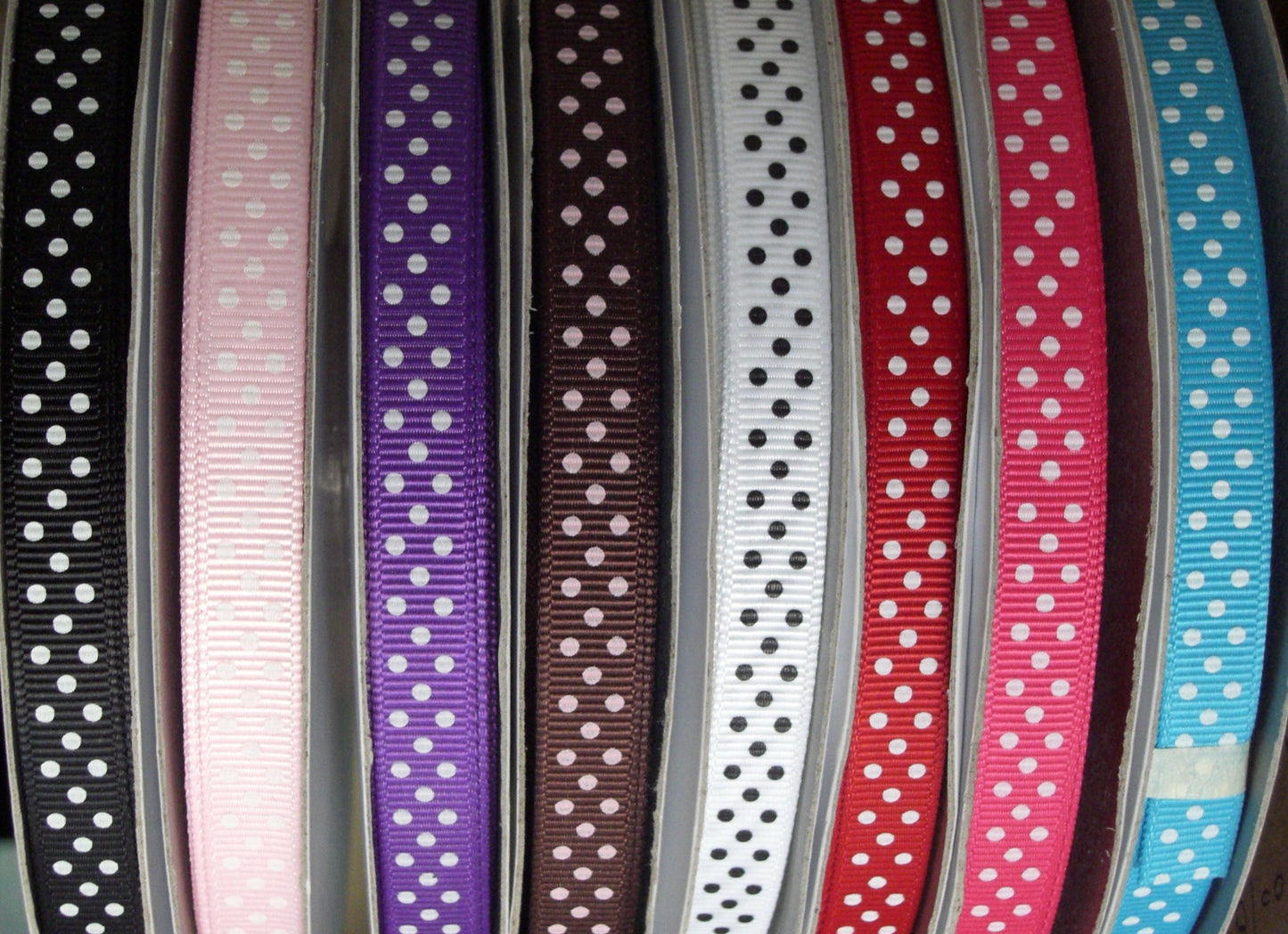 9mm Swiss dots printed grosgrain ribbon 45 metres