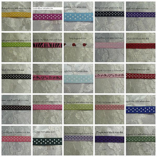 9mm Swiss dots printed grosgrain ribbon 45 metres