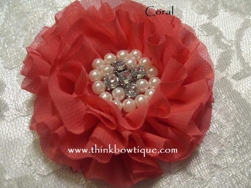 NEW 8.5cm parisian chiffon ruffled flower with rhinestone and pearls SECONDS