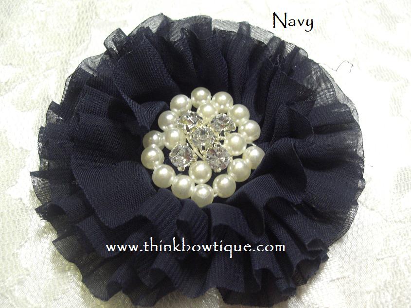 NEW 8.5cm parisian chiffon ruffled flower with rhinestone and pearls SECONDS
