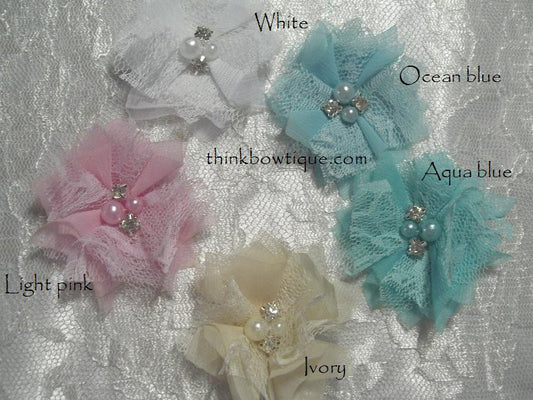 Mini Tiffany chiffon lace square rhinestone and pearl flower Ocean Blue