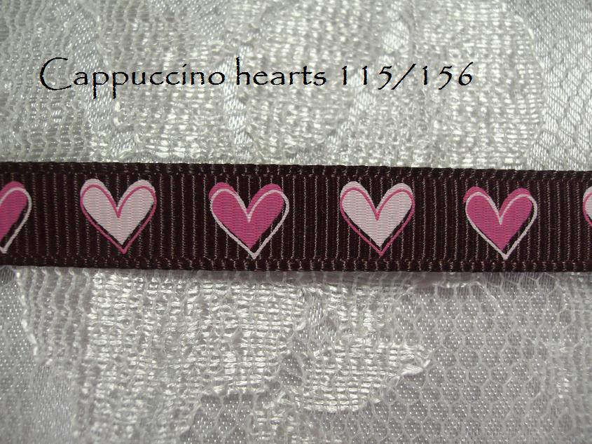 9mm hearts 115/156 on cappuccino printed grosgrain ribbon 5 metres